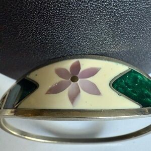 Vintage Silver and Green Floral Abalone Alpaca  Mexico Bangle Bracelet
